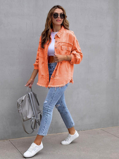 Distressed Drop Shoulder Denim Jacket for Casual Style - Selvanelle