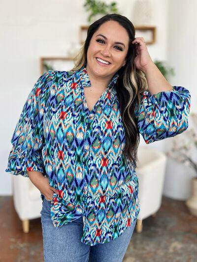 Double Take Full Size Printed Balloon Sleeve Blouse for Women - Selvanelle