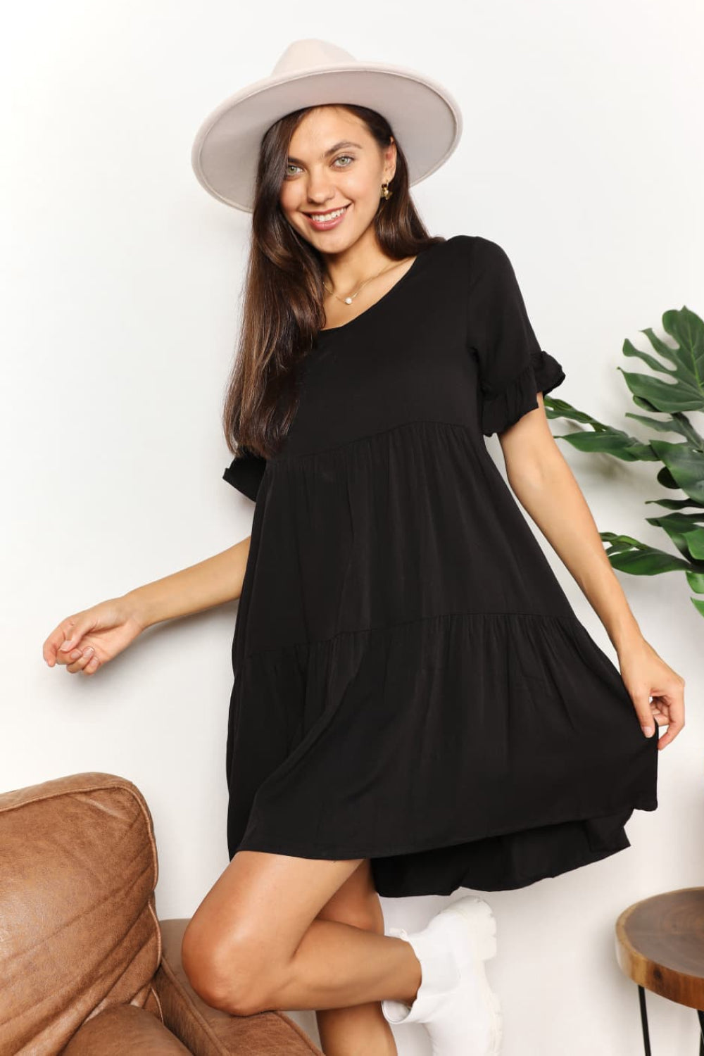 Mandy V-Neck Flounce Sleeve Tiered Dress