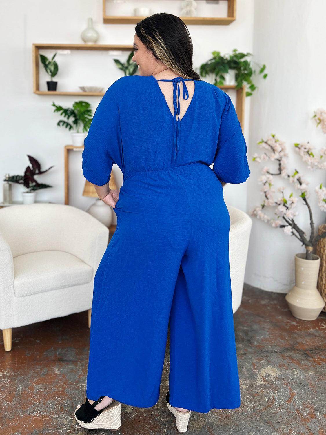 Double Take Full Size Surplice Wide Leg Jumpsuit with Pockets - Selvanelle
