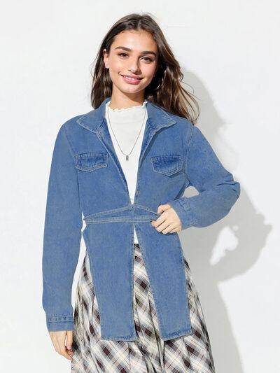 Asymmetric Slit Collared Neck Long Denim Top for Women - Selvanelle