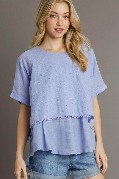 Umgee Full Size Eyelet Layered Short Sleeve Blouse Plus Size - Selvanelle