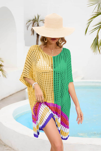 Contrast Scoop Neck Openwork Half Sleeve Cover Up - Selvanelle
