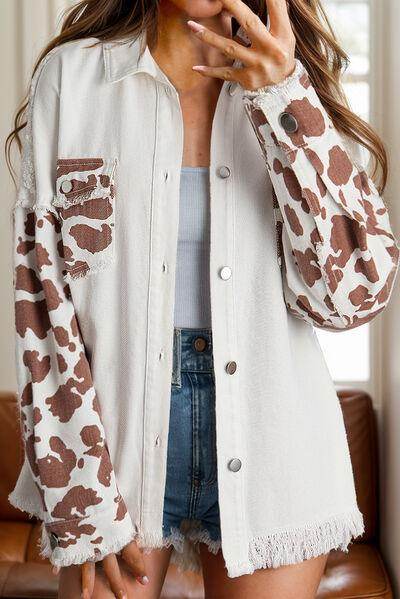 Raw Hem Animal Print Long Sleeve Denim Jacket for Women - Selvanelle