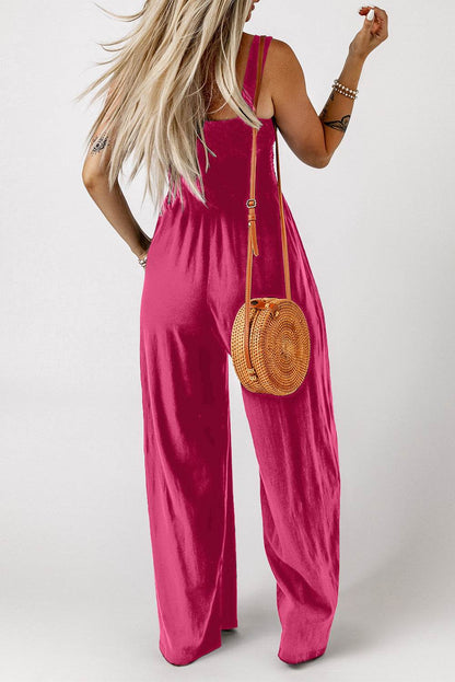 Smocked Square Neck Wide Leg Jumpsuit with Pockets - Selvanelle