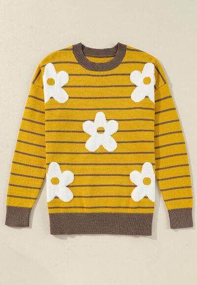 Flower Stripe Round Neck Long Sleeve Sweater for Women - Selvanelle