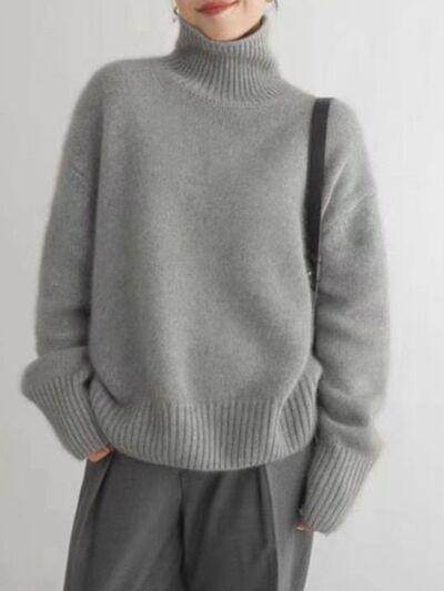 Turtleneck Dropped Shoulder Long Sleeve Sweater for Women - Selvanelle