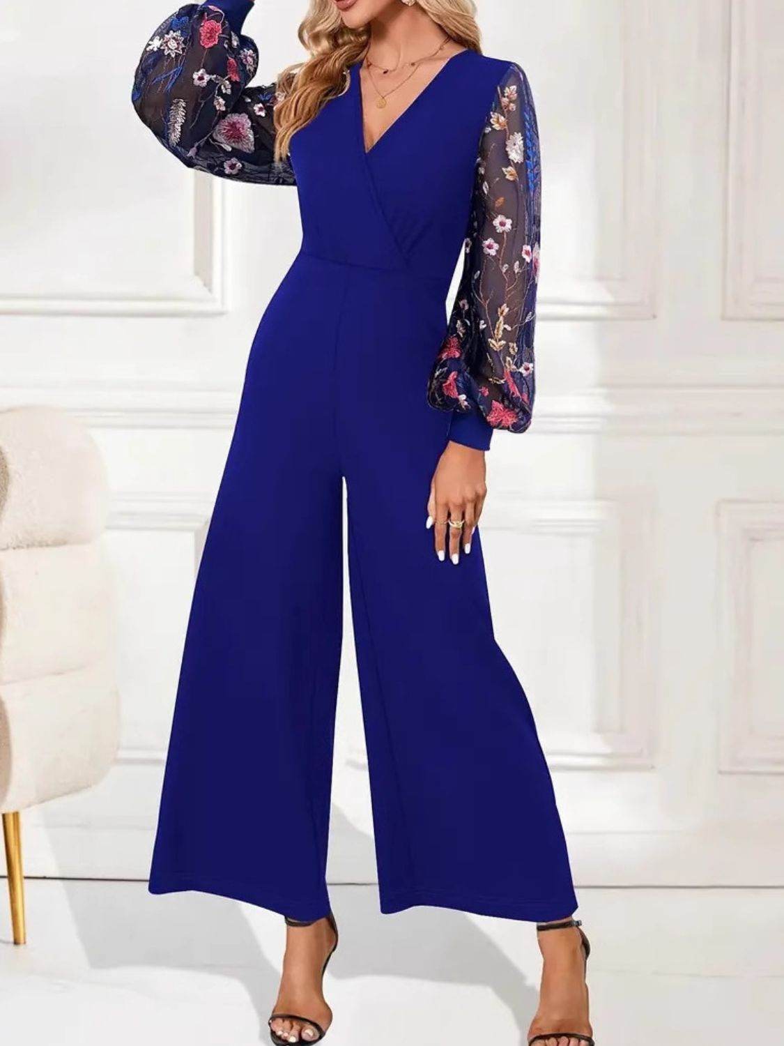 Surplice Embroidered Long Sleeve Wide Leg Jumpsuit - Selvanelle