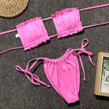 Frill Trim Ruched Bikini Set - Selvanelle
