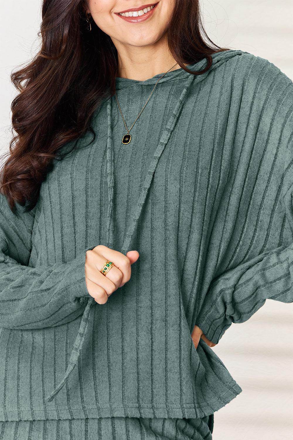 Basic Bae Full Size Ribbed Drawstring Hooded Top Set - Selvanelle