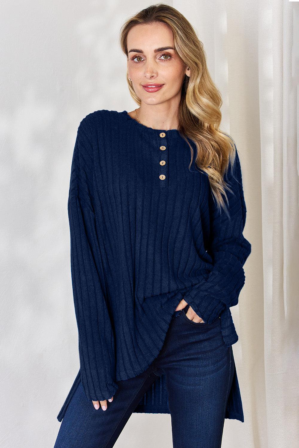 Basic Bae Full Size Ribbed Half Button Long Sleeve T-Shirt