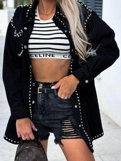 Studded Snap Down Long Sleeve Denim Shacket for Women - Selvanelle