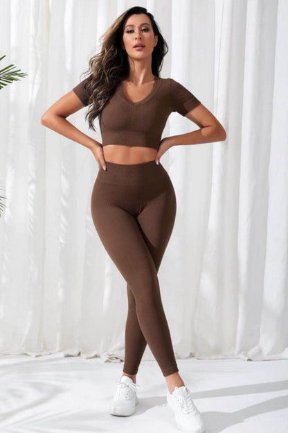 V-Neck Crop Top and High Waistband Long Active Pants - Selvanelle