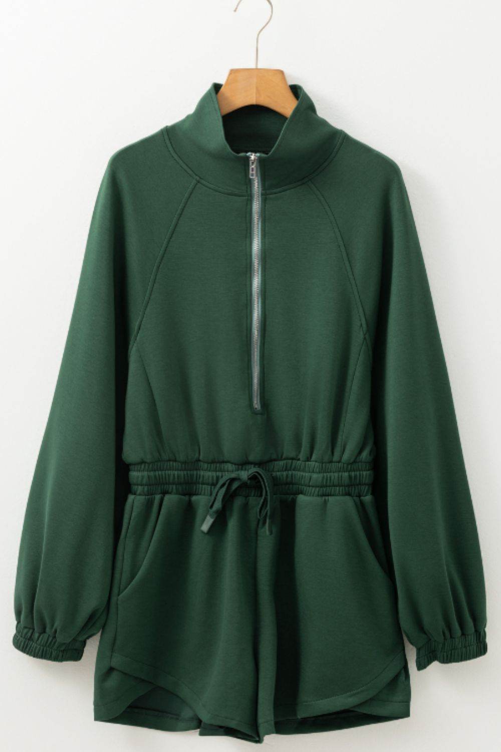 Drawstring Half Zip Long Sleeve Romper - Selvanelle