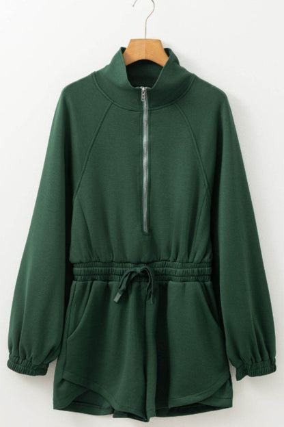 Drawstring Half Zip Long Sleeve Romper - Selvanelle