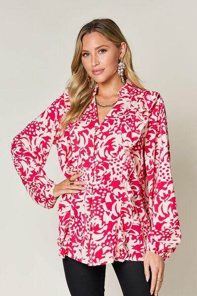 Double Take Full Size Printed Ruffle Trim Balloon Sleeve Shirt - Selvanelle