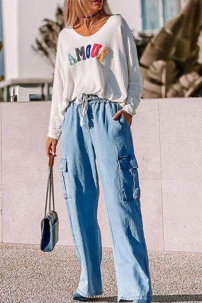 Drawstring Cargo Pocket Wide Leg Jeans for All-Day Comfort - Selvanelle
