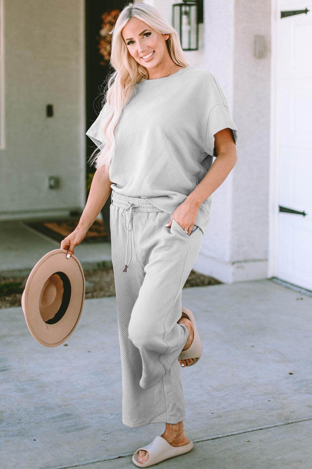 Double Take Full Size Texture Top and Pants Set for Women - Selvanelle