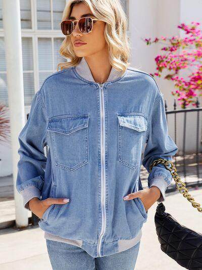Pocketed Zip Up Baseball Collar Denim Jacket for Women - Selvanelle