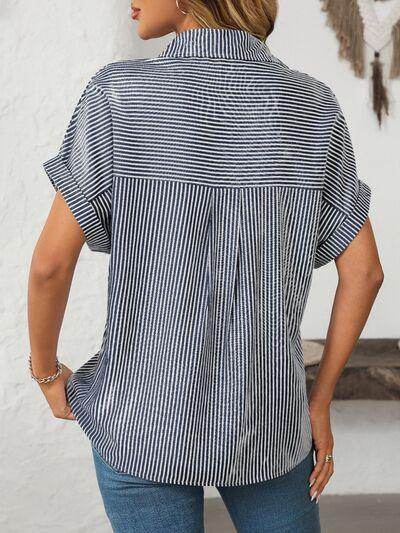 Mandy Pocketed Striped Collared Neck Short Sleeve Shirt - Selvanelle
