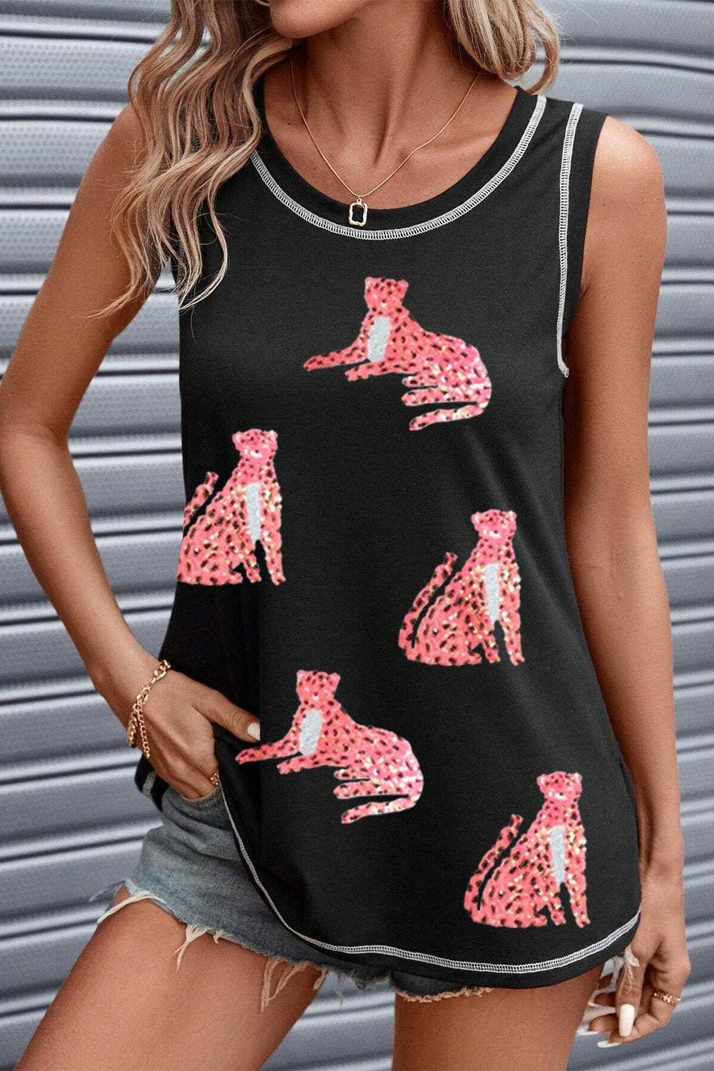 Leopard Round Neck Tank Top for Women with Stretch Fit - Selvanelle