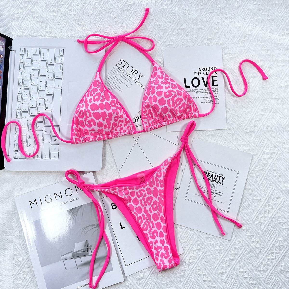 Leopard Print Halter Neck Tie Side Bikini Set - Selvanelle