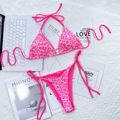 Leopard Print Halter Neck Tie Side Bikini Set - Selvanelle