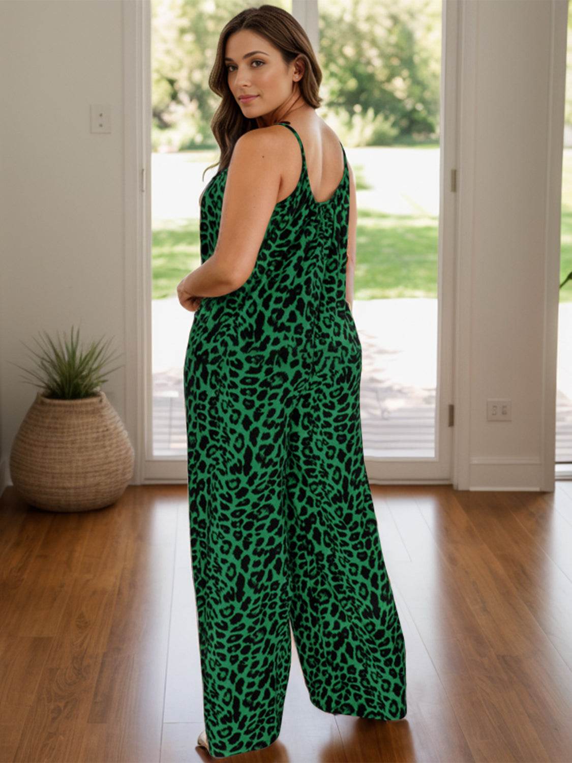Full Size Leopard Scoop Neck Wide Leg Jumpsuit - Selvanelle