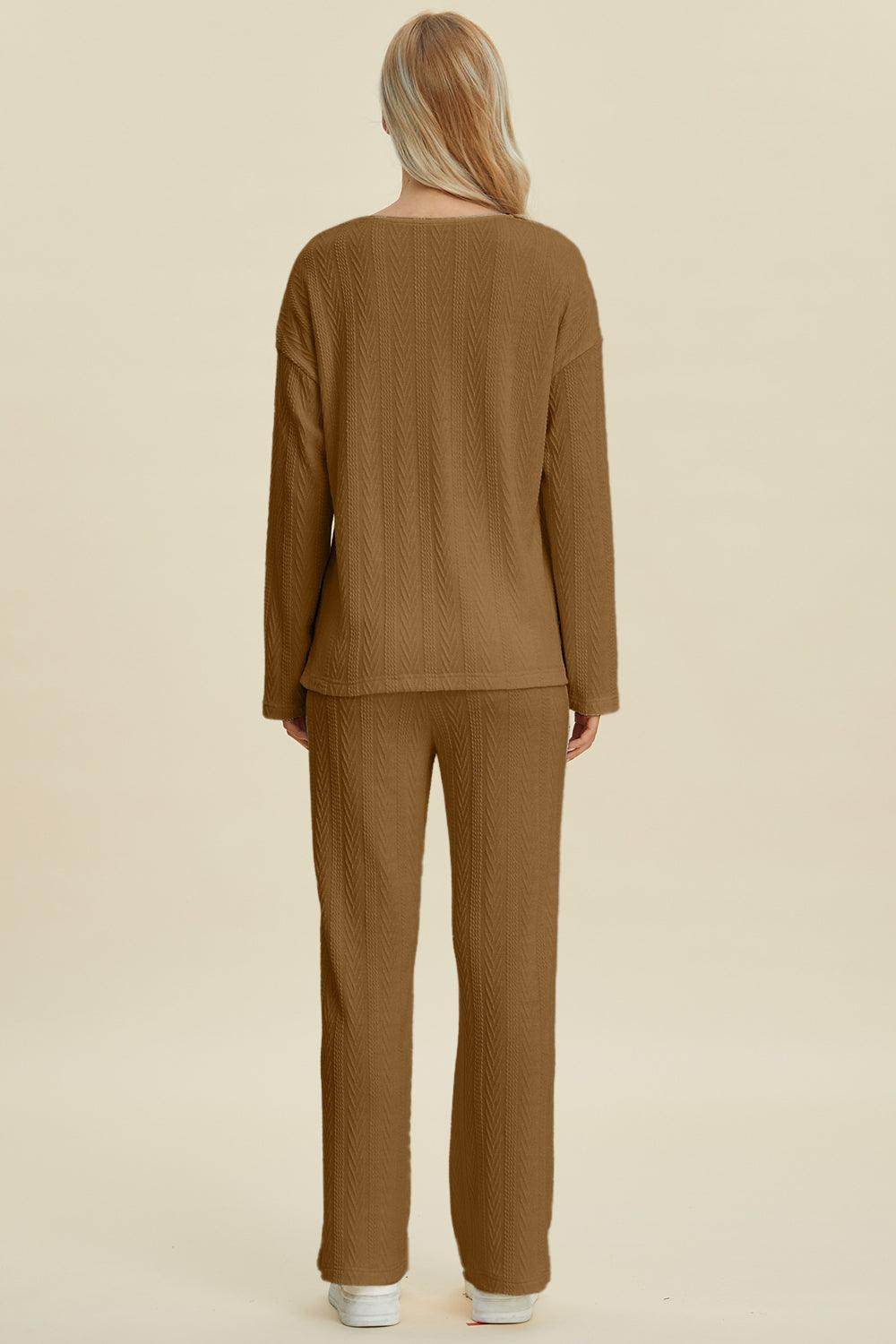 Double Take Full Size Cable-Knit Long Sleeve Top Pants Set - Selvanelle