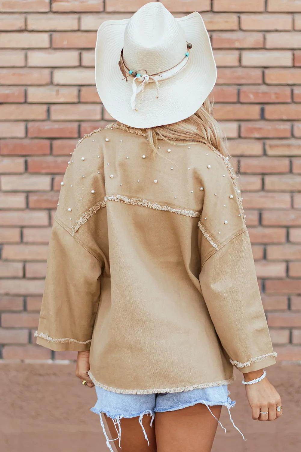 Raw Hem Pearl Trim Dropped Shoulder Denim Jacket for Women - Selvanelle