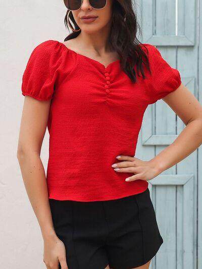 Ruched Decor Button V-Neck Short Sleeve Blouse for Women - Selvanelle
