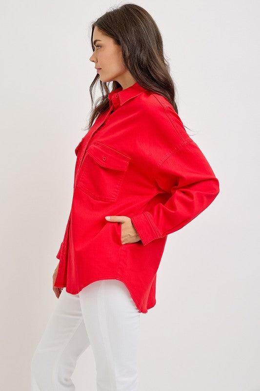 RISEN Button Down Long Sleeve Denim Shacket with Chest Pockets - Selvanelle