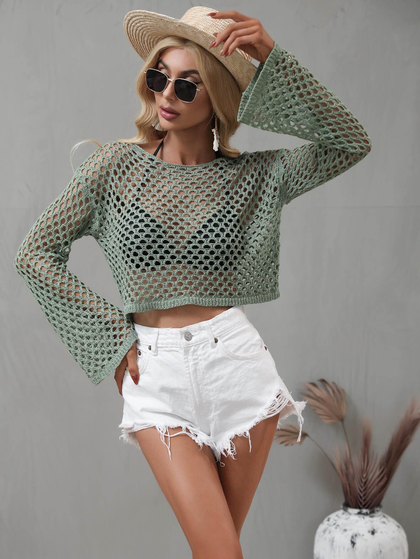 Openwork Flare Sleeve Cropped Cover Up - Selvanelle
