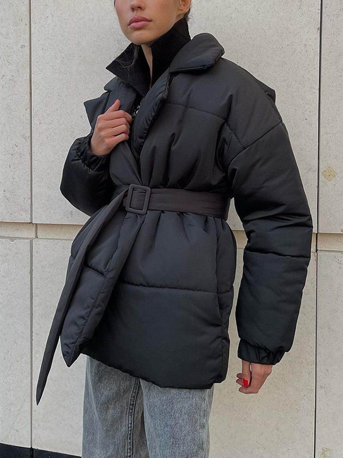 Puffer Long Sleeve Winter Coat with Belt for Women - Selvanelle