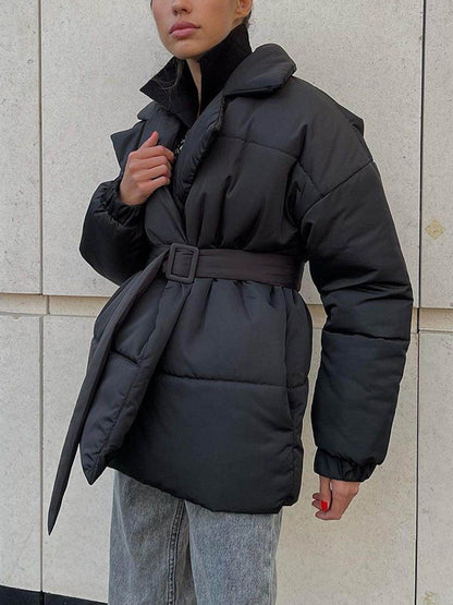 Puffer Long Sleeve Winter Coat with Belt for Women - Selvanelle