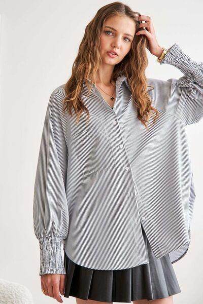 ADORA High-Low Striped Button Down Smocked Lantern Sleeve Shirt - Selvanelle
