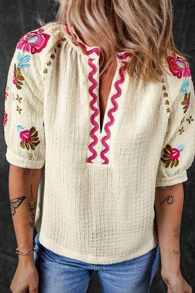 Floral Embroidered Notched Puff Sleeve Blouse for Women - Selvanelle