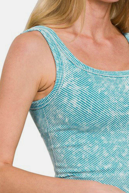 Zenana Washed Ribbed Scoop Neck Wide Strap Tank Top - Selvanelle