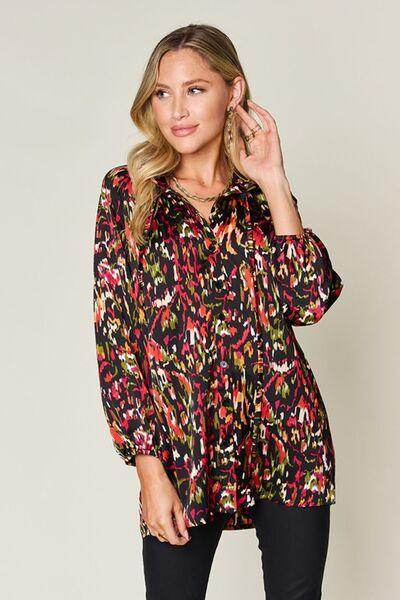 Double Take Full Size Printed Button Up Long Sleeve Shirt - Selvanelle