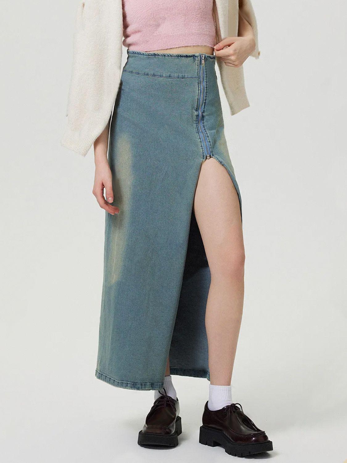 Slit Denim Skirt with Zip for Women in Various Sizes