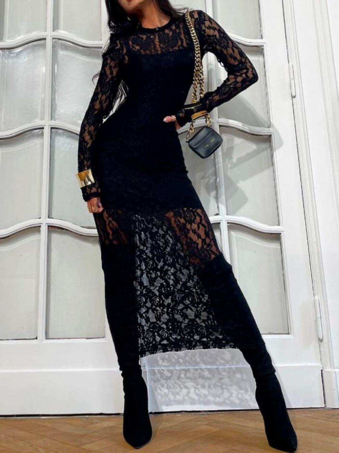 Lace Round Neck Long Sleeve Midi Dress - Selvanelle