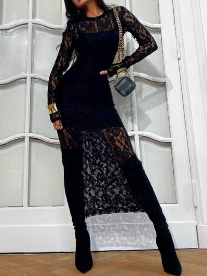 Lace Round Neck Long Sleeve Midi Dress - Selvanelle