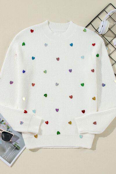 Heart Sequin Round Neck Long Sleeve Sweater for Women - Selvanelle