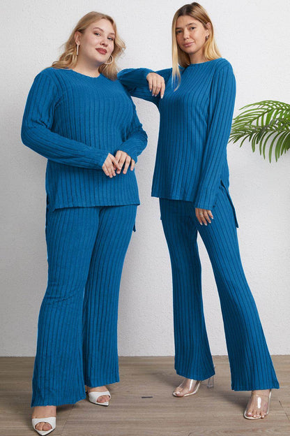 Basic Bae Full Size Ribbed High-Low Top and Wide Leg Pants Set - Selvanelle