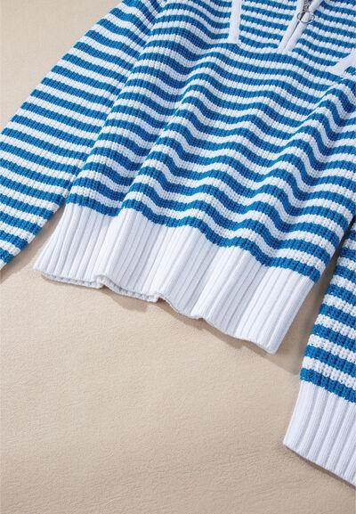 Striped Half Zip Mock Neck Long Sleeve Sweater for Women - Selvanelle