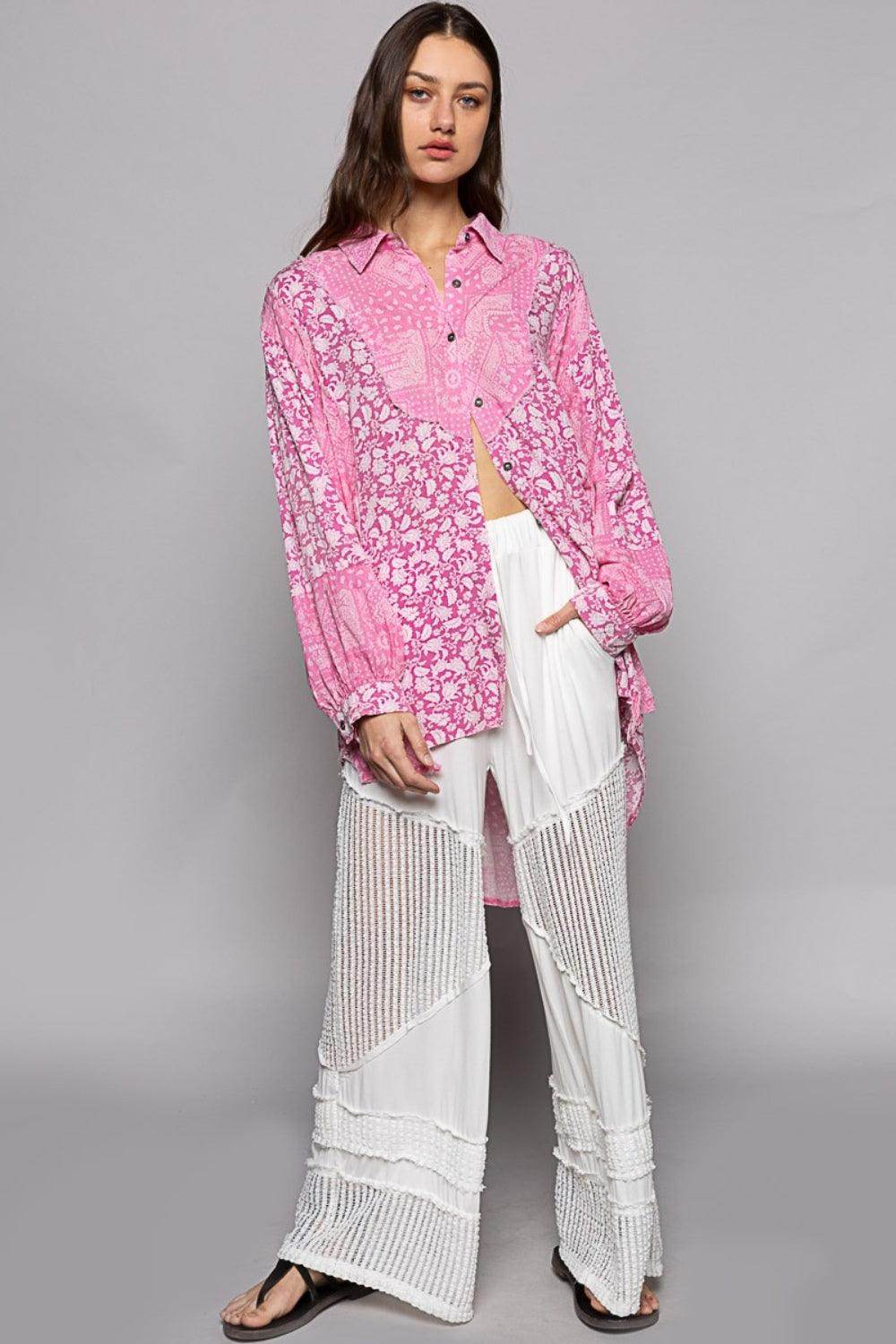 POL Button Down Long Sleeve Paisley Print Shirt for Women - Selvanelle