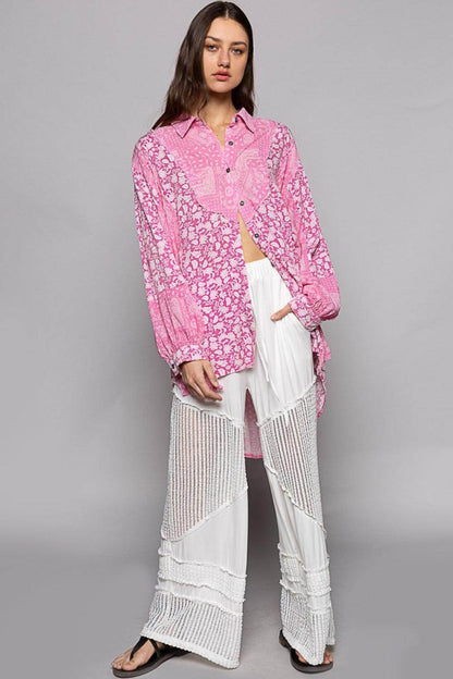 POL Button Down Long Sleeve Paisley Print Shirt for Women - Selvanelle