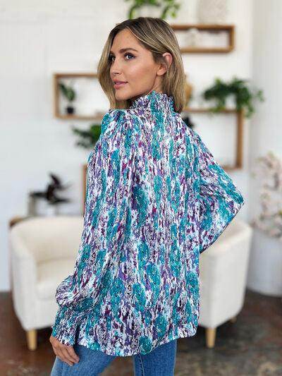Double Take Full Size Printed Smocked Long Sleeve Blouse - Selvanelle