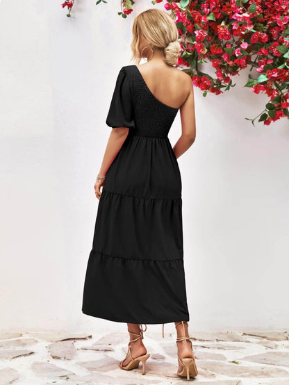 Chic Smocked One-Shoulder Midi Dress for Elegant Style - Selvanelle