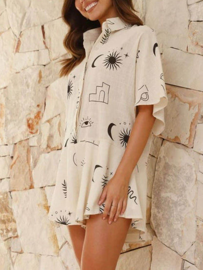 Printed Collared Neck Half Sleeve Romper - Selvanelle